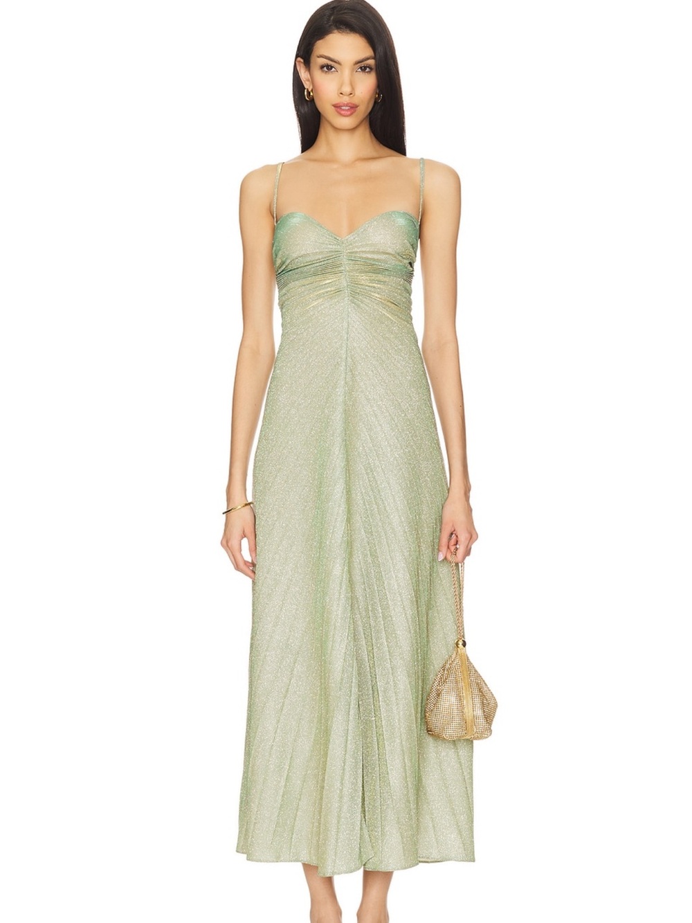 Luxe Sage Shimmer Midi Dress with Spaghetti Straps